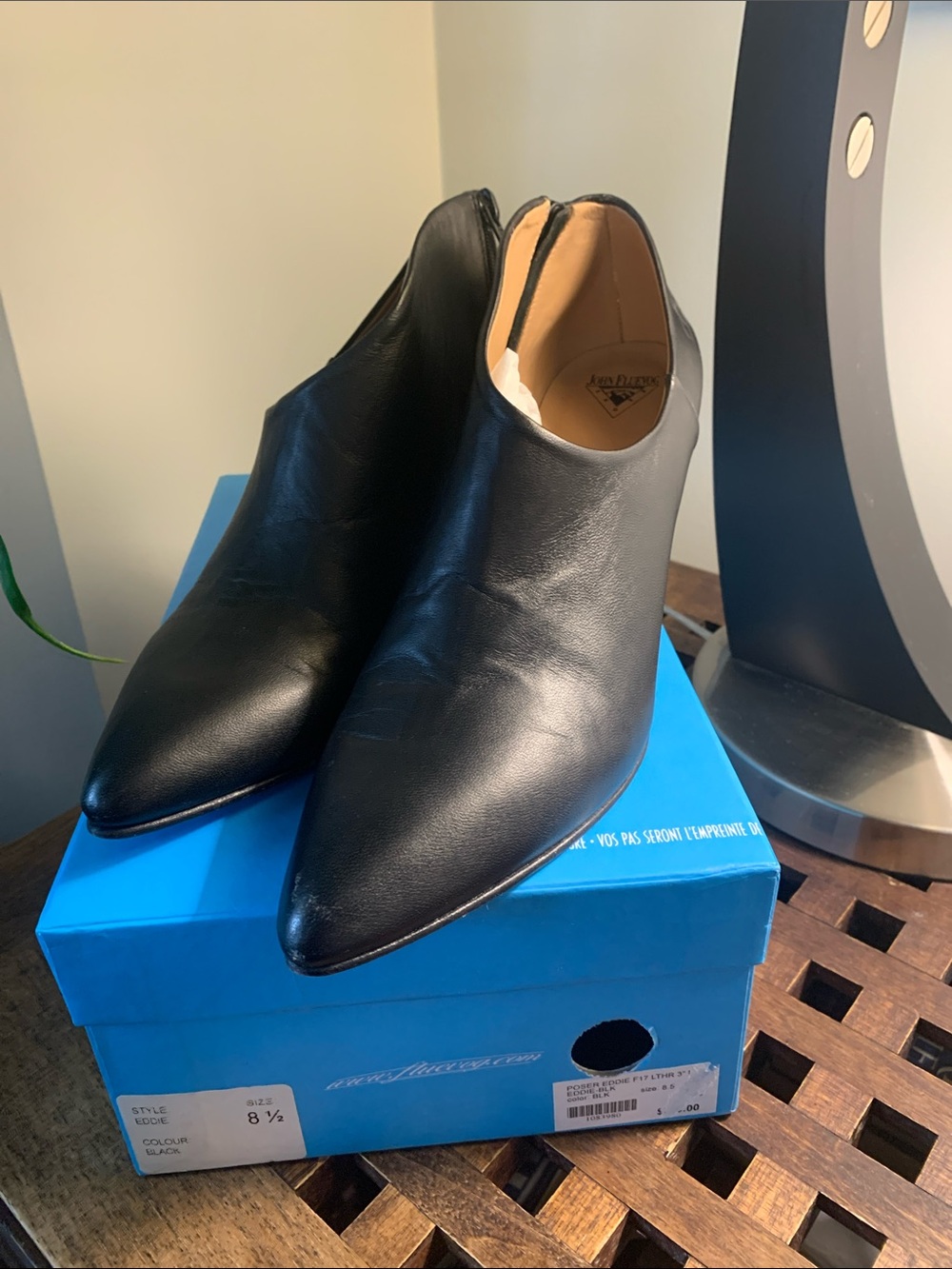 John Fluevog Eddie Black Leather Ankle Bootie with Curved Heel